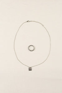 Twist ring and square pendant necklace set  silver